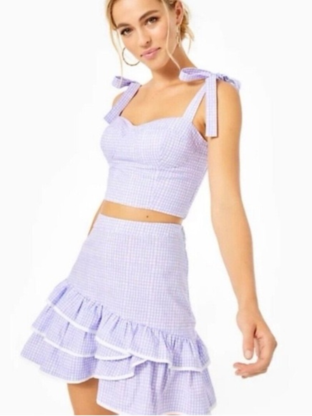 Lilly Pulitzer Rosalie Mini Skirt Lilac Gingham Mini Skirt Ruffle Tiered Size 6 - Picture 3 of 8